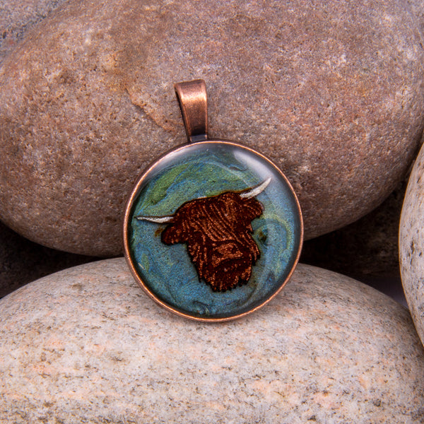 Handcrafted Bespoke Highland Cow Pendant; set in Copper Effect metal bezel.| Jabbawocky Crafts (jabbawockycrafts.co.uk)