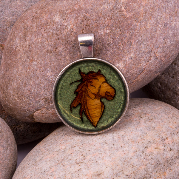 Handcrafted Bespoke Spirited Horse Pendant; set in silver effect metal bezel.| Jabbawocky Crafts (jabbawockycrafts.co.uk)